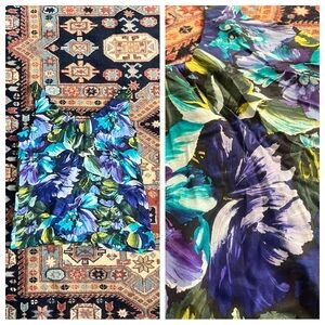 Vintage Express silk blue green floral top v neck sleeveless boxy blouse M